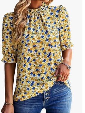 Smocked Neck Floral Blouse in Yellow and Blue